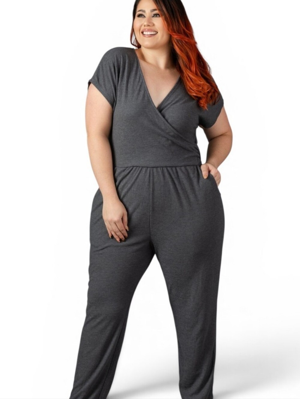 Gray Wrap Jumpsuit With Pockets